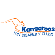 Orange kangaroo outline above blue text: "Kangaroos FUN DISABILITY CLUBS" on a white background.