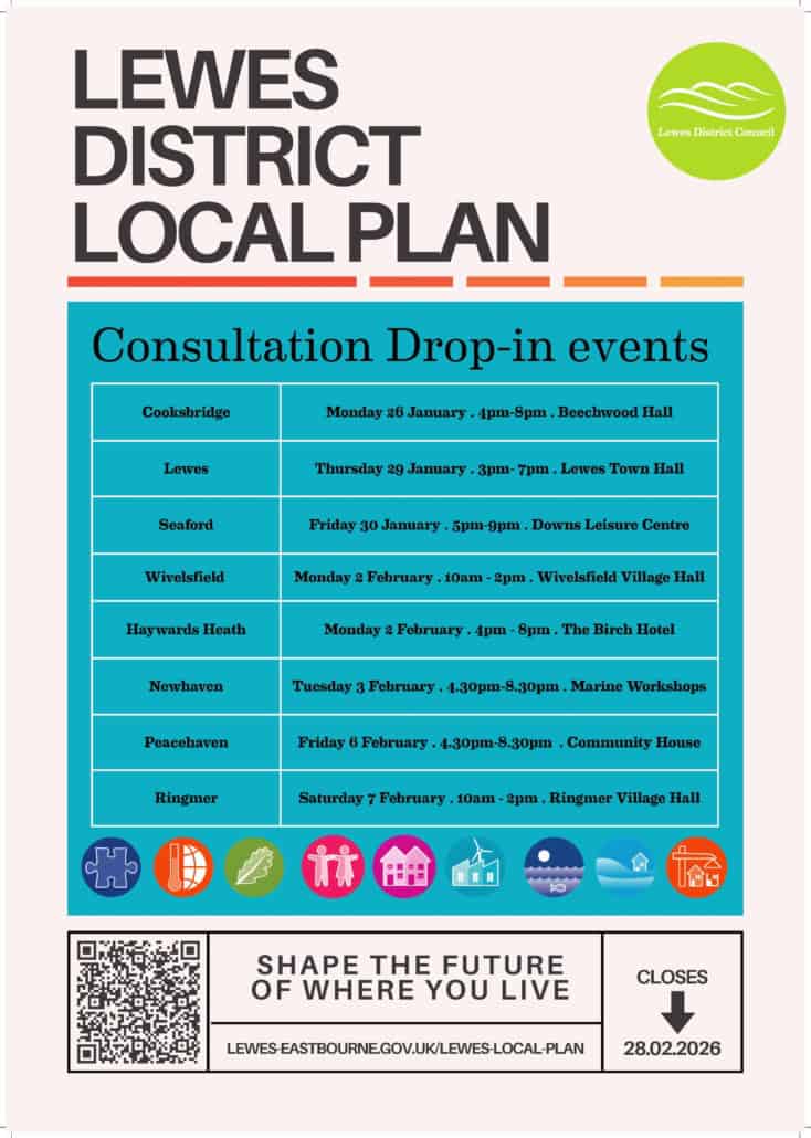 Poster listing Lewes District Local Plan consultation drop-in event dates, times, and locations.