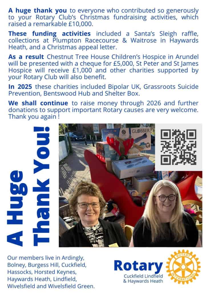 A thank you poster from Rotary Club, listing fundraising activities and beneficiaries, with group photo at the bottom.